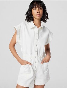 BLANK NYC Women's White Denim Shorts Sleeve Romper With Patch Pockets